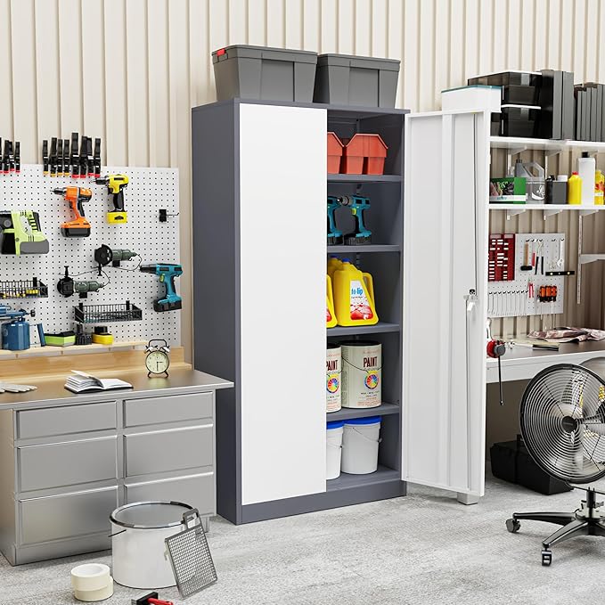 Crownland 72" Metal Storage Cabinet, Lockable Garage Cabinets, High Office Storage Cabinet with Adjustable Shelves for Garage, Home Office, Classroom, Pantry, File(Grey White-Narrow Size)