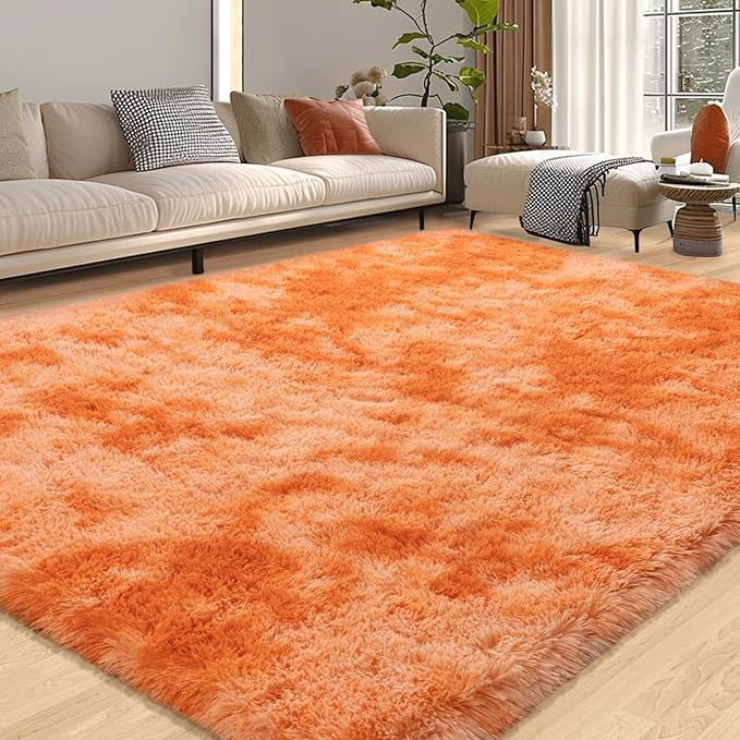 Kids Rugs for Bedroom, 5x7 Fluffy Shaggy Rugs for Living Room, Soft & Non Slip Fuzzy Orange Tie Dye Shag Rug for Girls Room Dorm Home Decor, Modern Indoor Floor Rug