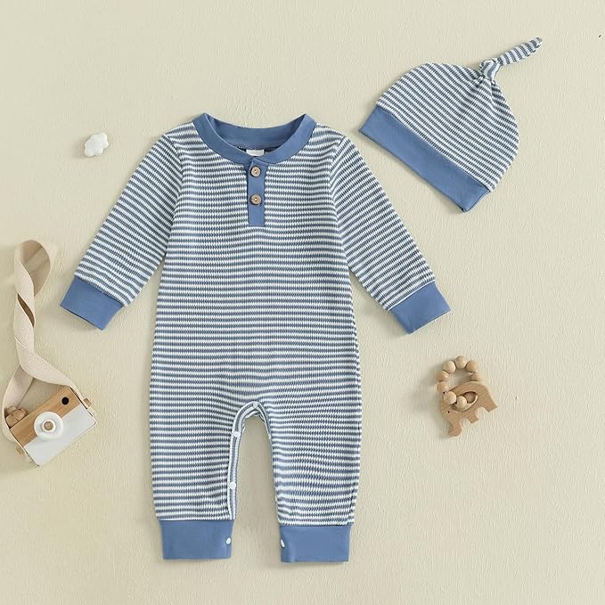 Infant Boys Fall Clothes Newborn Baby Romper Hat Stripe Knit Long Sleeve Bodysuit Jumpsuit Baby Going Home Outfit