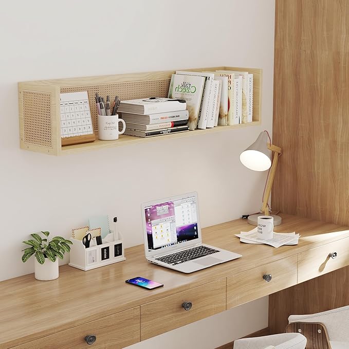 Rattan Wall Shelf - 36 Inch Long Natural Pine Wood Floating Wicker Shelf for Neutral Nursery Decor and Living Room, Bedroom