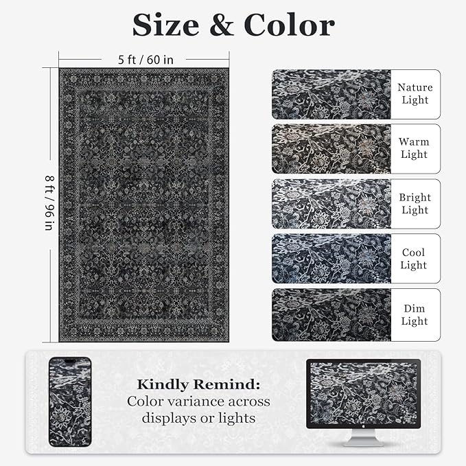 Washable Charcoal 5x8 Area Rugs, Vintage Earth Tone Dark Muted Black and Grey Carpet for Living Room Bedroom, Low Pile Thin Rug with Non Slip Rubber Backing for Dining Room Home Office