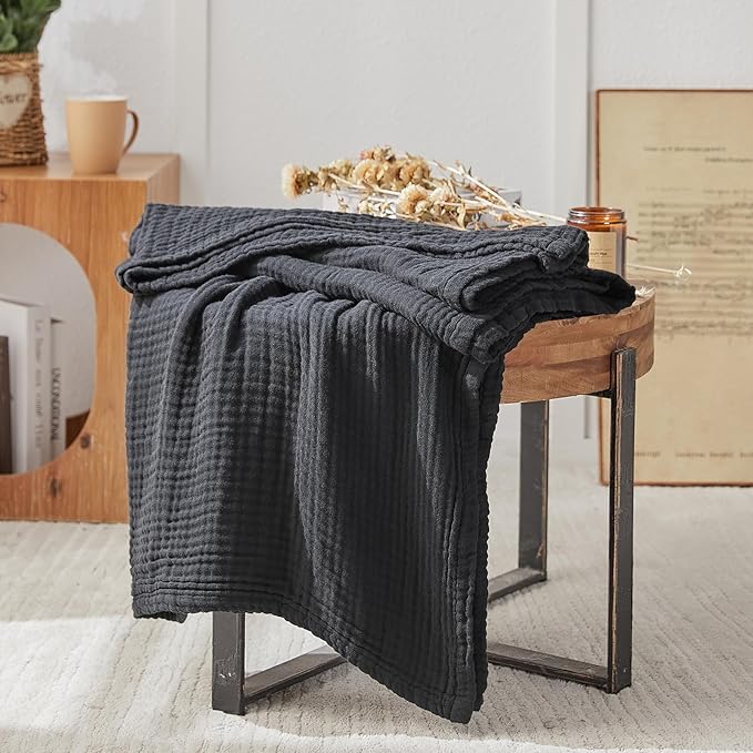 EMME Cotton Muslin Queen Blanket Bed Layering Breathable Gauze Blanket Soft Lightweight Blankets Adults (Black, 90"x90")