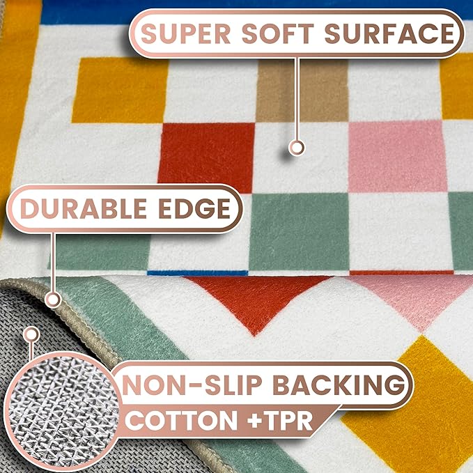 Washable 5x7 Checkered Area Rug for Living Room, Colorful Rainbow Checkerboard Modern Large Rugs, Faux Wool Low Pile Lightweight Indoor Carpet with Non-Slip Backing for Bedroom Kids Nursery Play Room