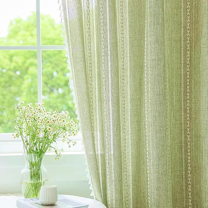 Deeprove Green Bohemian Curtains 90 Inches Long Linen Textured for Living Room Light Filter Farmhouse Sheer Hollow Striped Moss Drape, Rod Pocket Window Treatment for Bedroom 1 Panel W52 x L90