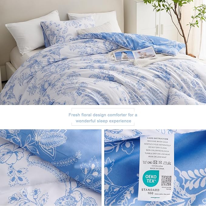Nayoroom Blue Floral Comforter Set Queen Size White Coquette Bedding Comforter Set 3 Pieces Soft Lightweight Cottagecore Flower Comforter for All Seasons (1 Comforter, 2 Pillow Shams)
