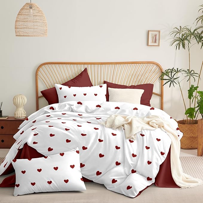Red Duvet Cover Twin Size Heart Bedding Set Kids Boys Girls Cute Love Pattern Soft Breathable Reversible Fall Christmas Duvet Cover Set 2 Pieces with 1 Pillowcase
