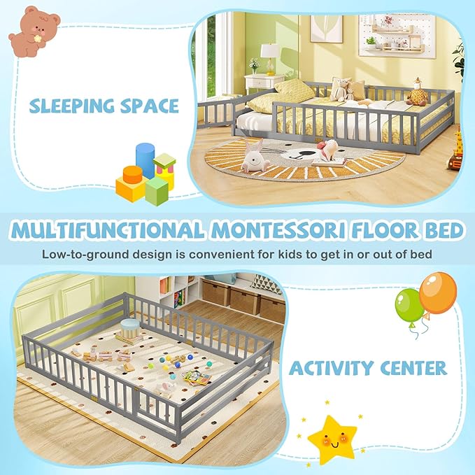 Giantex Queen Floor Bed with Door & Fence, Kids Wood Montessori Beds with Safety Guardrails, Floor Bed Twin for Kids, Boys, Girls, No Box Spring Needed, Grey
