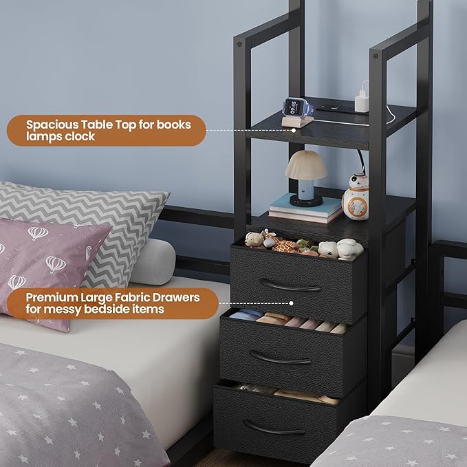 BTHFST Triple Bunk Bed Twin Size with House, 4 Storage Drawers, Charging Station and LED Lights, Metal Kids Bunk Bed with 13.4" H Safety Guardrail and Play Curtain, DIY House Shaped Bed, Black