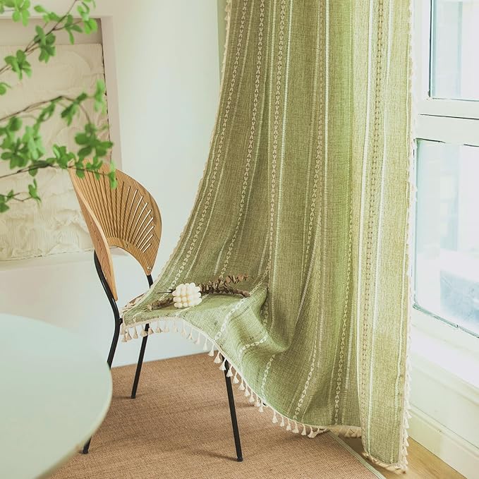 Deeprove Green Boho Curtains 96 Inches Long for Bedroom Dining Room Kitchen Closet, Bohemian Chic Textured Embroidery, Vintage Handmade Tassels Christmas Decor Drape, Rod Pocket, 1 Panel W52 x L96