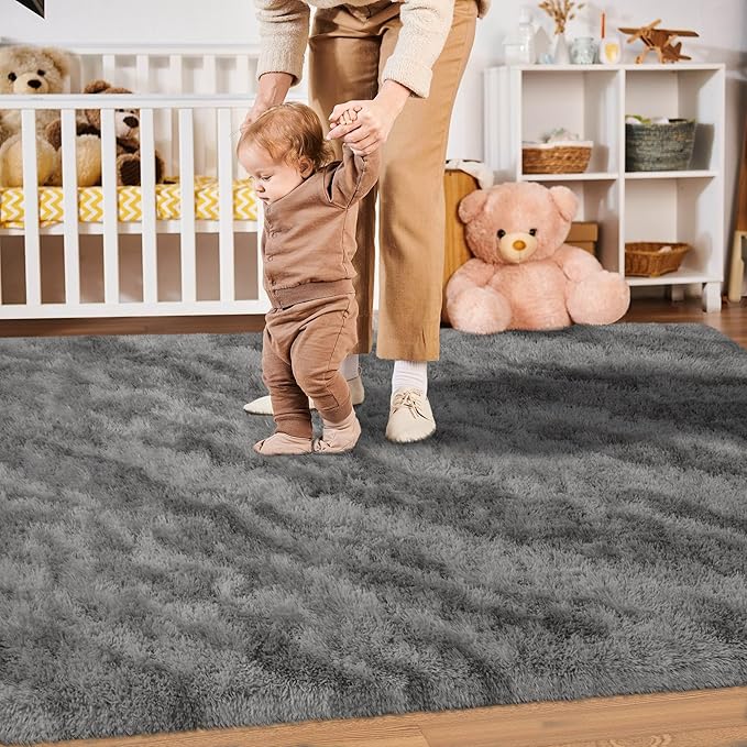 Merelax Area Rugs for Living Room Bedroom, Non-Slip Large 6x9 Feet Soft Fluffy Shaggy Bedside Rug, Indoor Floor Carpet for Kids Dorms, Nursery Rooms, Playroom, Home Decor Aesthetic, Black/Grey