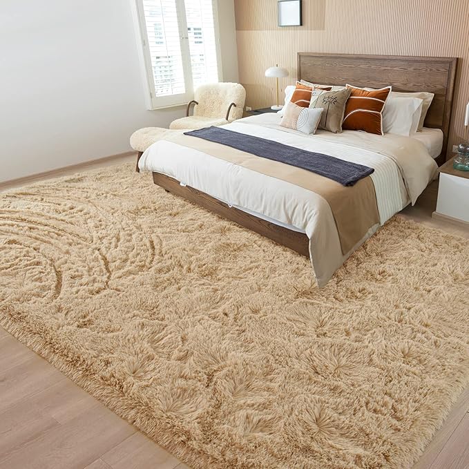Merelax Soft Modern Indoor Large Shaggy Rug for Livingroom Bedroom Dorm Kids Room Home Decorative, Non-Slip Plush Fluffy Furry Fur Area Rugs Comfy Nursery Accent Floor Carpet 8x10 Feet, Light Tan