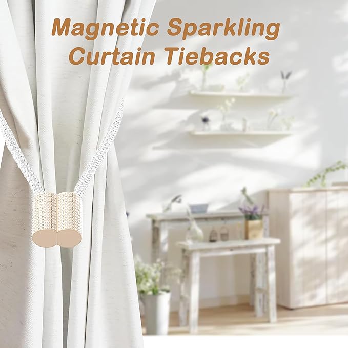 SRG Handmade Magnetic Curtain Tiebacks 4 Pack Sparkling Glass Wrapped Wooden Holdbacks with Strong Magnets, No Drilling Drapery Accessories for Home Decor – White