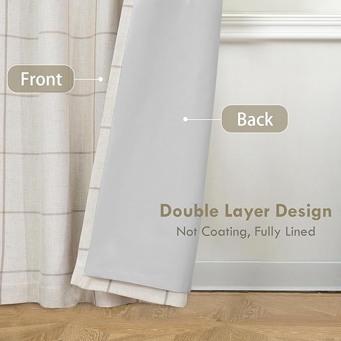 DriftAway 2 Panels 100% Blackout Windowpane Plaid Linen Curtains Double Layer Drapes for Bedroom 63 Inches Long Farmhouse Thermal Insulated 3.25 Inch Rod Pocket Back Tab for Living Room Taupe