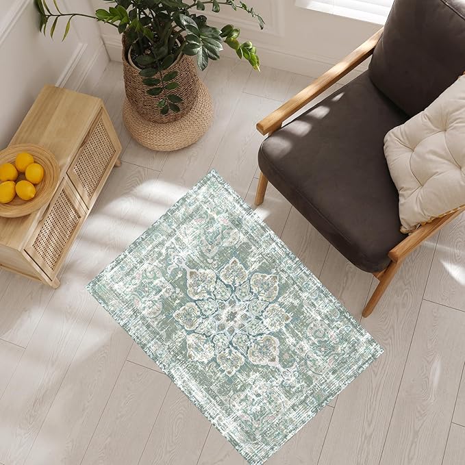 Vhong Washable Area Rugs Boho Vintage Neutral Modern Pale Green 2x3 Non Slip Small Carpet for Hallway Bathroom Entryway
