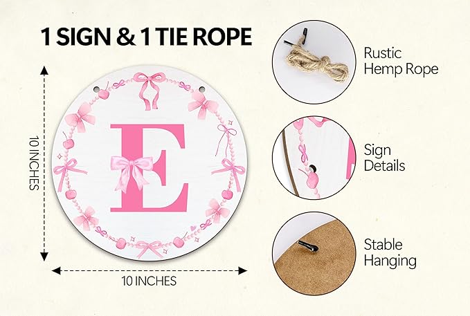 Monogram Round Sign For Front Door, Cherry Bow Theme Sign For Porch Art Wall Door, Initial Signs Hanging Ornament For Indoor Outdoor, Decorations Gifts For Four Seasons Rustic Home Kitchen, E, A05
