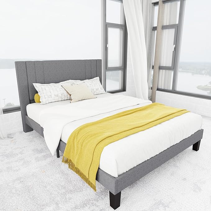 Tyndall Queen Size Bed Frame, Linen Fabric Upholstered Platform with Headboard