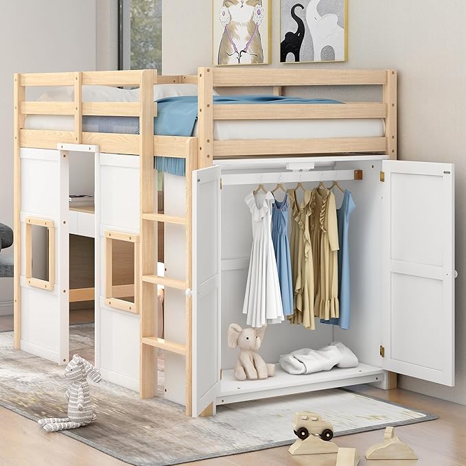 Playhouse Design Twin Size Loft Bed with Built-in Storage Wardrobe and 2 Windows, Solid Wood Loft Bed Frame with Safety Guardrail for Kids Teens Boys Girls, Space-Saving (Whit+Natural)