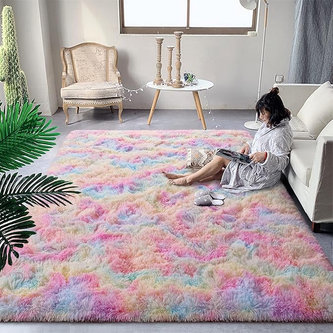 DweIke Fluffy Rainbow Rugs for Bedroom Living Room, 3x5 Feet Soft Plush Shaggy Colorful Pink Girls Boys Kids Rug, Non-Slip and Machine Washable Carpet for Dorm Nursery Classroom Decor