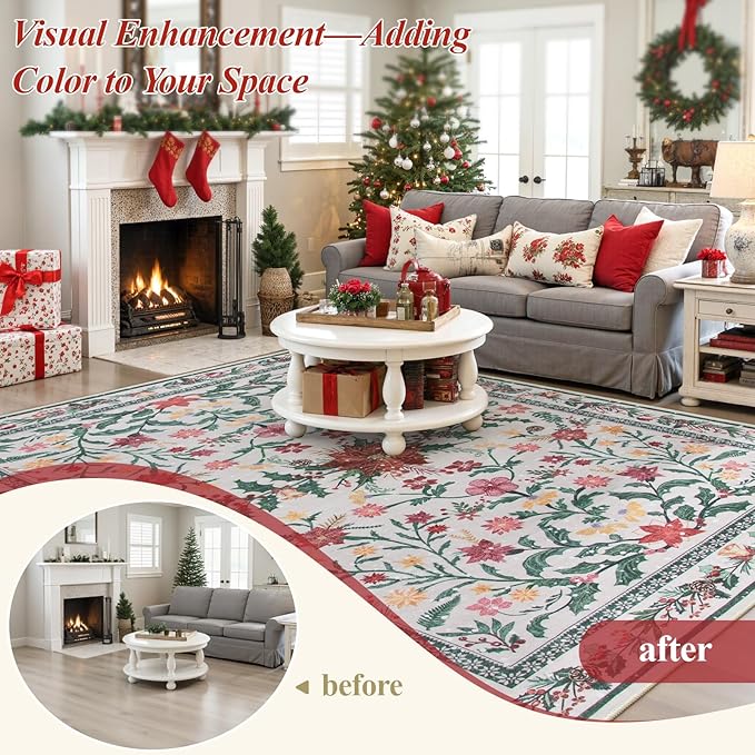 Wonnitar Round Christmas Rug Washable, Christmas Bedroom Decor 5ft Round Area Rug, Holiday Decor Under Xmas Tree Non Slip Floral Print Circle Carpets for Living Room Kitchen Dining Room