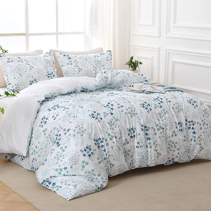 Duvet Cover King Size, Reversible Floral Vintage Duvet Cover Set with Zipper Closure, 3 Pieces Botanical Patterns Soft Microfiber Bedding Set (90"x104", 2 Pillow Cases 20"×36", Small Blue Flower)