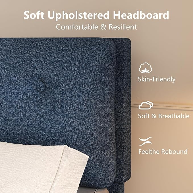 Boucle Upholstered Bed Frame King Size, Low Platform Bed King, Modern Soft Style, Adjustable Headboard, No Box Spring Needed, Easy Assembly, Blue