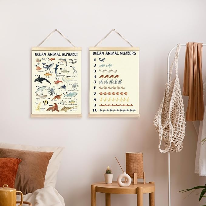CGBHW Ocean Animal Alphabet Numbers Poster Hanger Frame Set of 2, Sea Marine Fish Species Construction Learning Posters Wall Art Hanging Decor for Toddler Boy Kids Room Playroom Nursery, 16x12 Inch