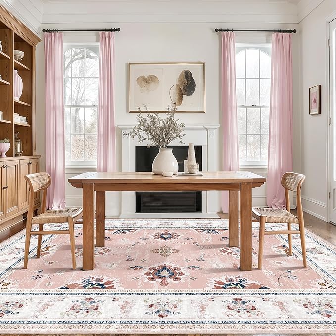 Tangsoo Floral 8x10 Washable Rug Pink Area Rugs for Living Room Large Bedroom Rug Non Slip Soft Indoor Floor Carpet for Girls Room Nursery Playroom