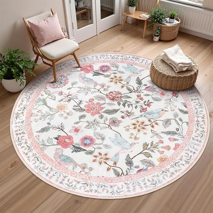 Pink Floral Round Rugs 6ft, Washable Boho Large Circle Rug for Living Room, Soft Non-Slip Botanical Nursery Circular Carpet, Modern Flower Birds Throw Rug for Kids Room Bedroom
