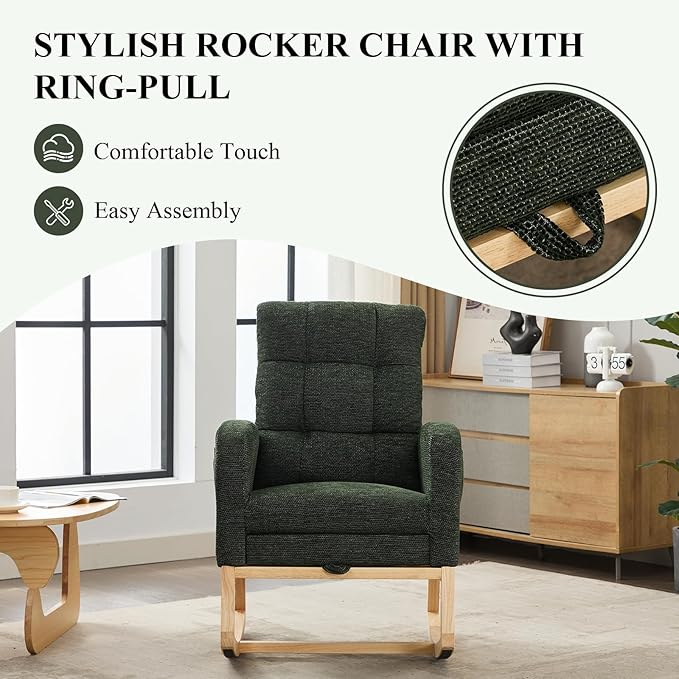 Nursery Rocking Chair, Polyester Upholstered Glider Chair with Footrest, Comfy Rocker Chair, Accent Chair with High Backrest, Glider Rocker, Armchair for Living Room (Dark Green Linen)
