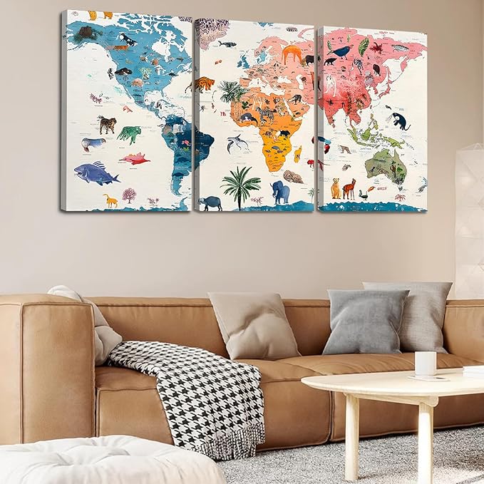 Hotuijxca Animal World Map Wall Art, Nursery World Map Canvas Wall Art, Nursery Animal Maps Wall Decor for Living Room, Bedroom, Children's room (24" x 36" x 3 pcs)