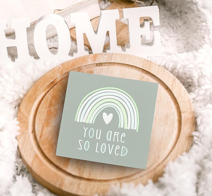 SRADMO You Are So Loved Rainbow Heart Wood Box Sign Desk Decor, Green Kids Inspirational Quotes Wooden Block Box Sign Decoration for Kids Room Nursery Playroom Shelf Table Decorative Accessories