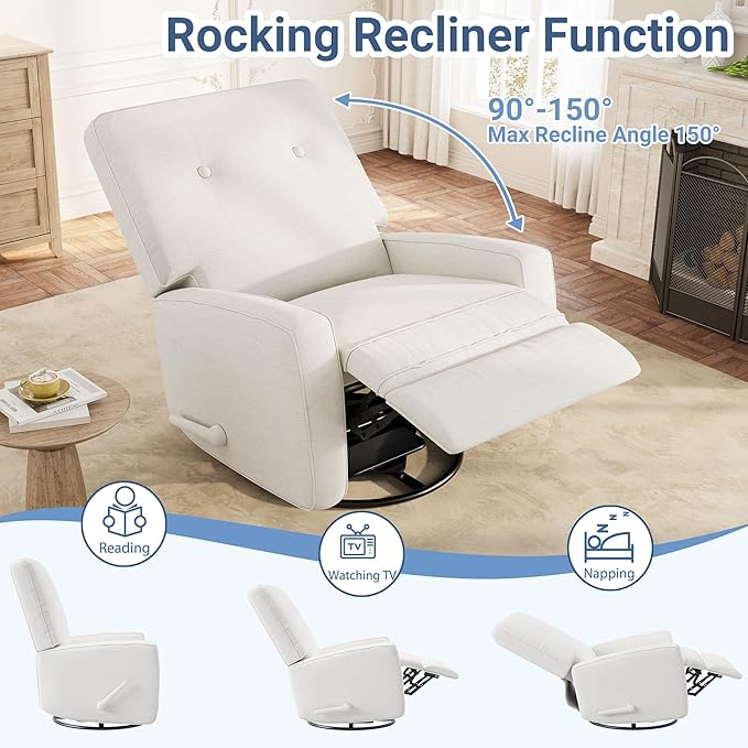 GarveeHome Oversized Recliner Chairs, Swivel Rocker Recliner, Glider Recliner Nursery Chair, Recliner Chair for Adults, 360°Swivel Glider Rocking Chair for Living Room, Bedroom, Office, Linen, White