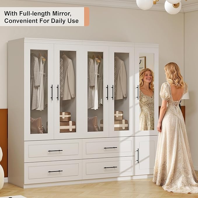 5 Door Armoire Wardrobe Closet with Mirror, Wood Wardrobe Closet with Glass Door Combination Bedroom Armoire 4 Drawer with Hanging Rods for Home/Bedroom/Living Room