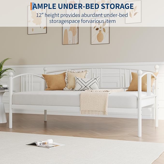 GarveeHome Twin Daybed, Sturdy Metal Day Bed with Steel Slat Support, Arched Headboard Sofa Bed for Living Room, Bedroom and Guest Room, White