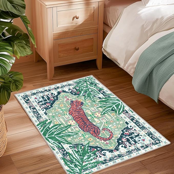 Door Mat Indoor Entrance 2x3 Rug Washable Non-Slip Green Tiger Rug for Bathroom Kitchen Entryway Animal Cheetah Print Jungle Rug Boho Vintage Soft Cozy Tropical Woodland Carpet