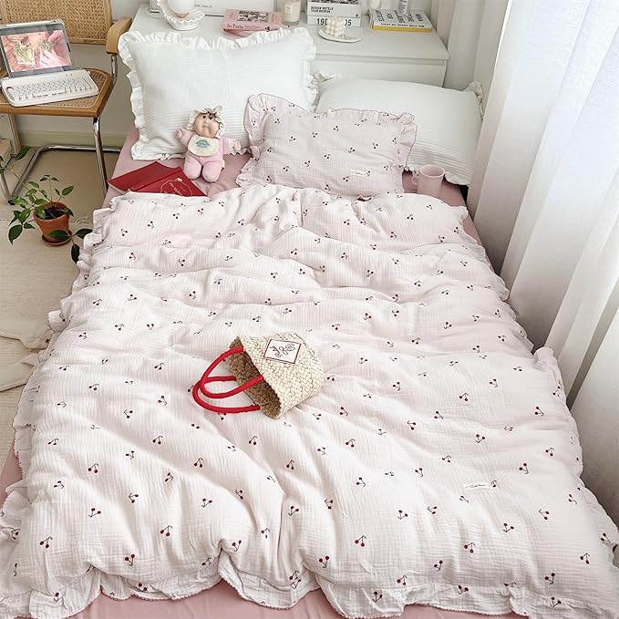 AOJIM Muslin Kids Duvet Cover for Boys Girls, 1 Piece Pure Cotton Toddler Cherry Comforter Cover 47X59'', 2-Layer Gauze Kids Bedding with Ruffled Design, No Quilt or Pillowcases