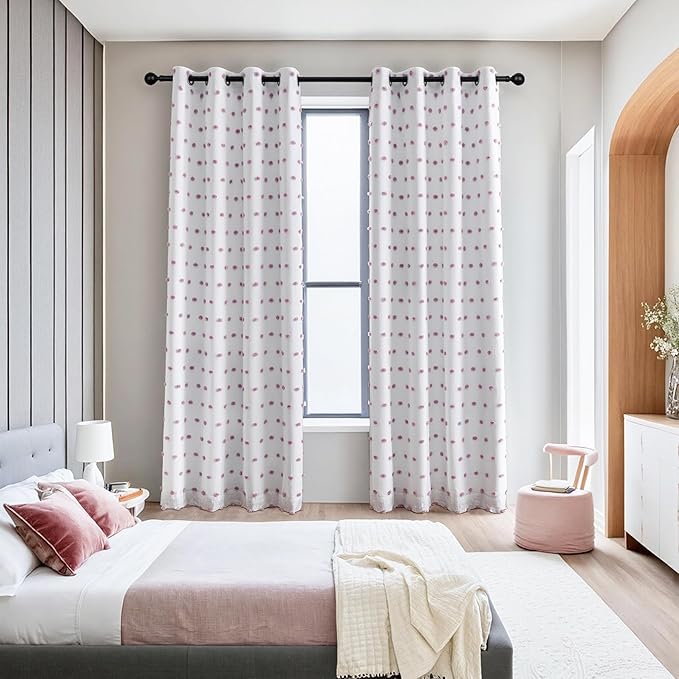 MYSKY HOME 100% Blackout Curtains for Girls Bedroom 80 Inches Long Total Light Blocking Curtains for Living Room 2 Panels Grommet Room Darkening Window Drapes with Purple Pom Pom Sheer 52W x 80L