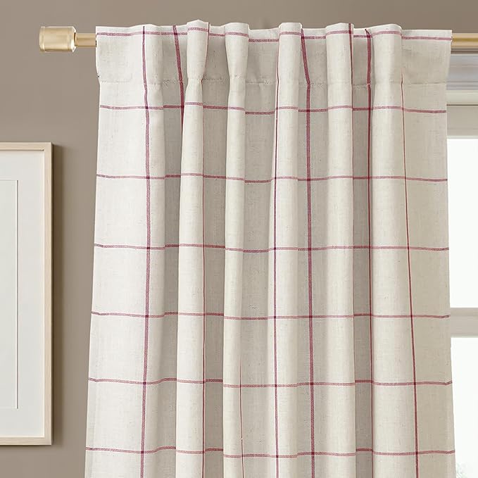 DriftAway 2 Panels 100% Blackout Windowpane Plaid Linen Curtains Double Layer Drapes for Bedroom 102 Inches Long Farmhouse Thermal Insulated 3.25 Inch Rod Pocket Back Tab for Living Room Red