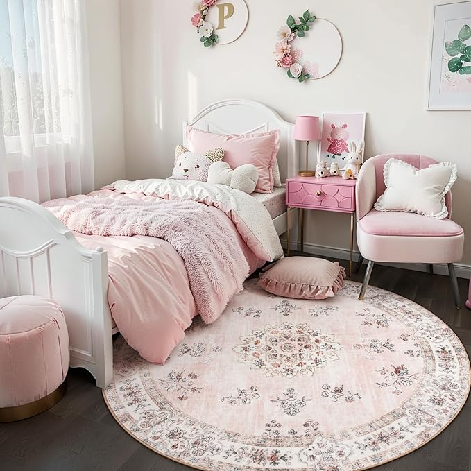 Lahome Washable Pink Round Rug 6ft, Soft Europe Vintage 6x6 Circle Rug for Nursery Girls Bedroom,Non-Slip Floral Pastel Circular Carpet for Living Room Corner Floor Home Office Decor