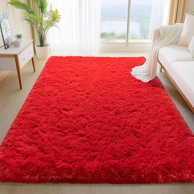 Large Shag Rugs 6 x 9, Red Fluffy Area Rug for Living Room, Soft Fuzzy Plush Carpet for Bedroom Girls Kids Room, Indoor Shaggy Rug for Home Decor Aesthetic, Upgrade Non-Slip