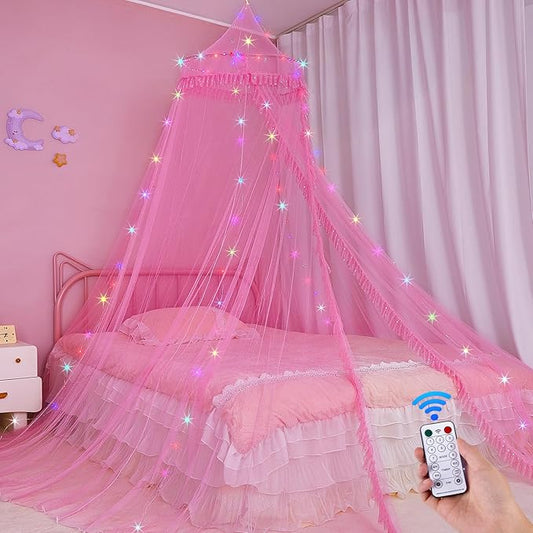 Beinou Bed Canopy for Girls with Timer Remote Canopy Bed with Lights Breathable Net Canopy for Bed Kids Girls Room Decor,Pink