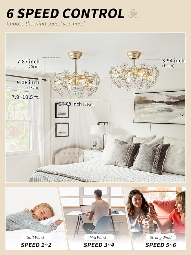 20" Gold Crystal Fandelier Ceiling Fan with Light, Mid-Century Flower Chandelier Ceiling Fan with Light Remote Control, Modern Caged 6 Speeds for Bedroom, Nursery, Foyer, Living Room