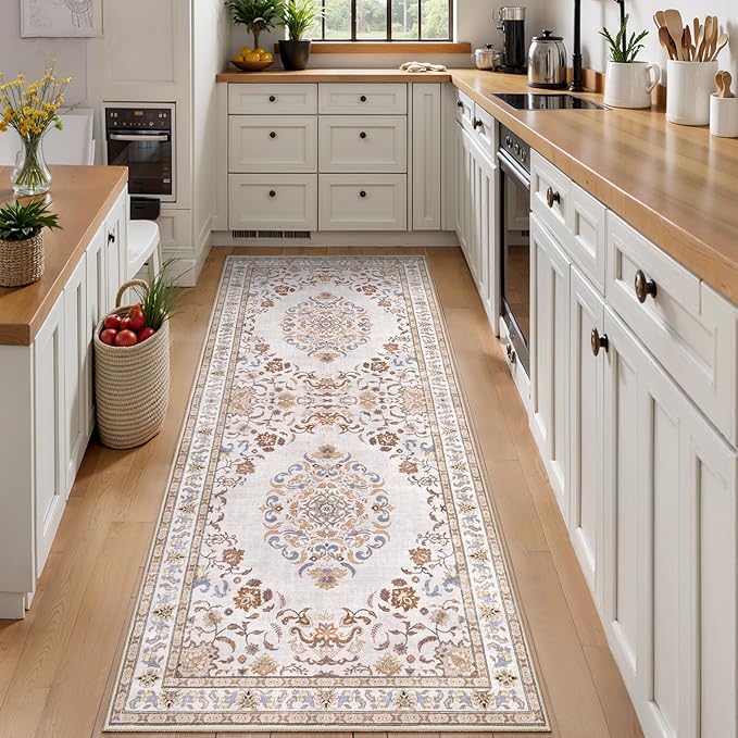 Tangsoo 2x6 Washable Runner Rug Non Slip, Vintage Persian Boho Neutral Hallway Rug for Entry Kitchen, Soft Low Pile Beige Floor Carpet Runner for for Laundry, Bedroom, Living Room Home Decor