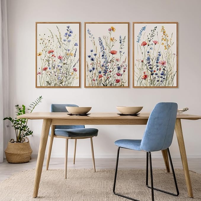 MTFBWY 3Pcs Framed Wildflower Canvas Wall Art – Floral Wall Art Watercolor Prints, Blue Botanical Artwork, Colorful Flower Pictures Decor Printing for Living Room, Girls Bedroom, or Bathroom, 16L" x 12W"