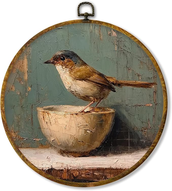 Hiuwevt Vintage Bird Round Wall Art Decor, Antique Framed Bird on Bowl Canvas Prints, Rustic Farmhouse Round Wall Hanging Decor for Home Bedroom Living Room Decorations, 10x10 Inches