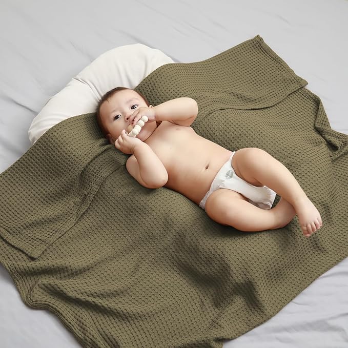 36” X 40” Inches Cooling Baby Waffle Weave Blanket, Ultra-Soft Lightweight Receiving Blanket for Newborn, Breathable Comfortable Baby Swaddle Blanket for Boys and Girls(Olive)