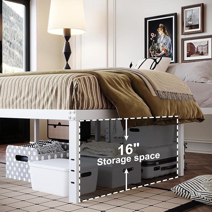 18 Inch California King Bed Frames Heavy Duty Metal Platform No Box Spring Needed, Maximum Storage, Easy to Assembly, Noise Free, White