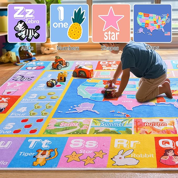 Kids Rugs for Playroom - Soft & Non-Slip 9x12 Feet Educational Rug for Learning ABC Alphabet, Numbers, Shapes & Map, Washable Classroom Rug for Toddler Nursery & Kids Room Decor