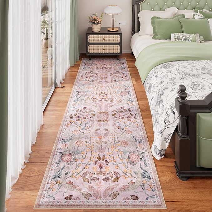 AMTOVO 2.7x8 Runner Rug for Hallway, Washable Non-Slip Long Kitchen Carpet, Floral Vintage Distressed Floor Mat for Hallways Entryway Living Room Laundry Room Bathroom Farmhouse, Pink