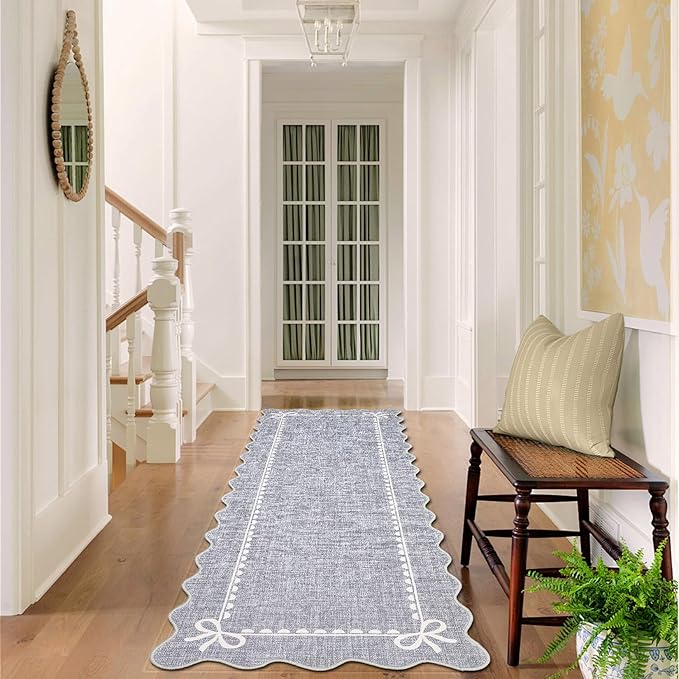 GarveeHome Scalloped Bow Rug for Living Room, Solid Grey Rug for Dorm, Washable Runner Rug 2.5x8 Soft Low Pile Non Slip Scalloped Rugs for Nursery Bedroom Decor Hallway Entryway Playroom